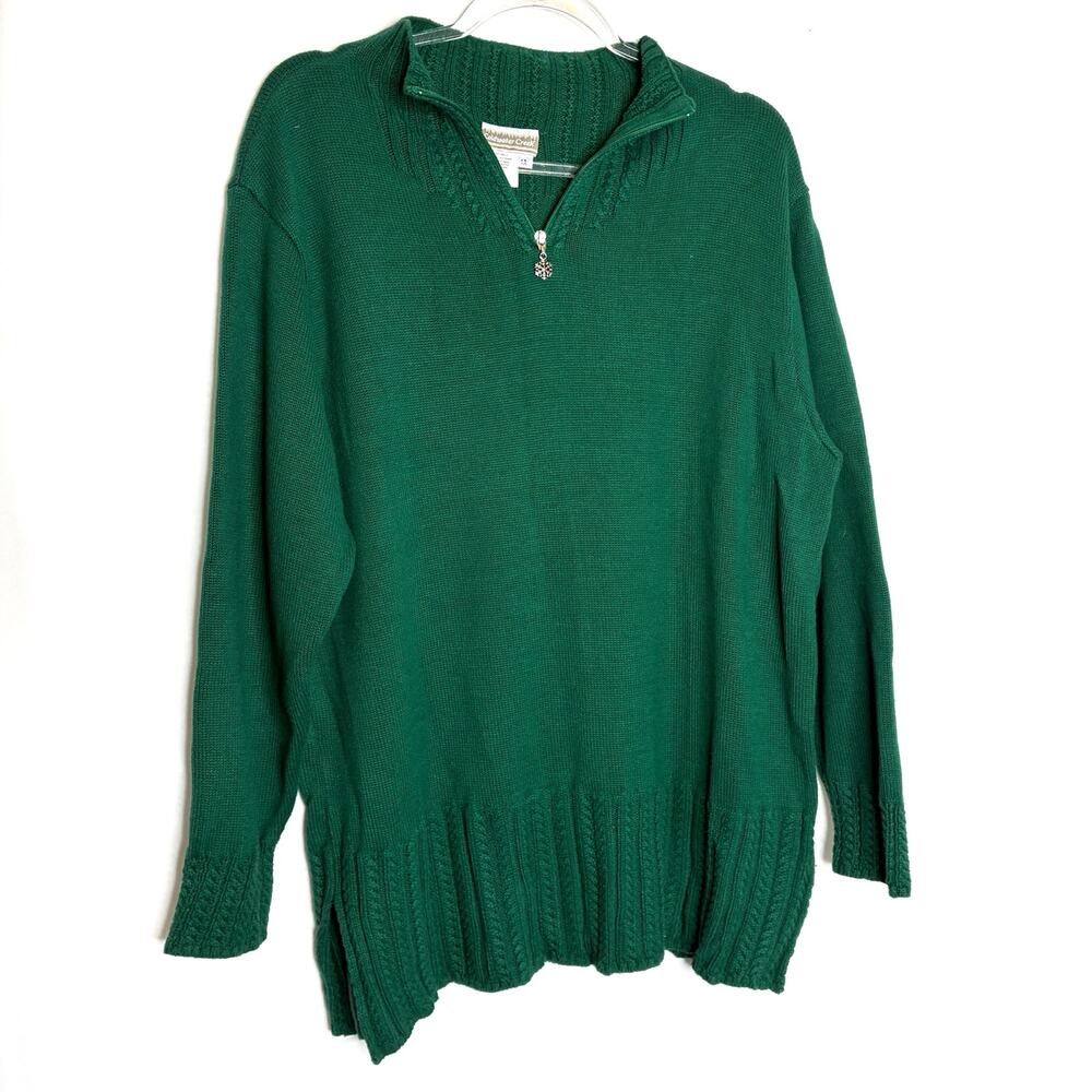 Coldwater Creek Green 1/4 Zip Snowflake Cotton Blend Sweater Womens 1X